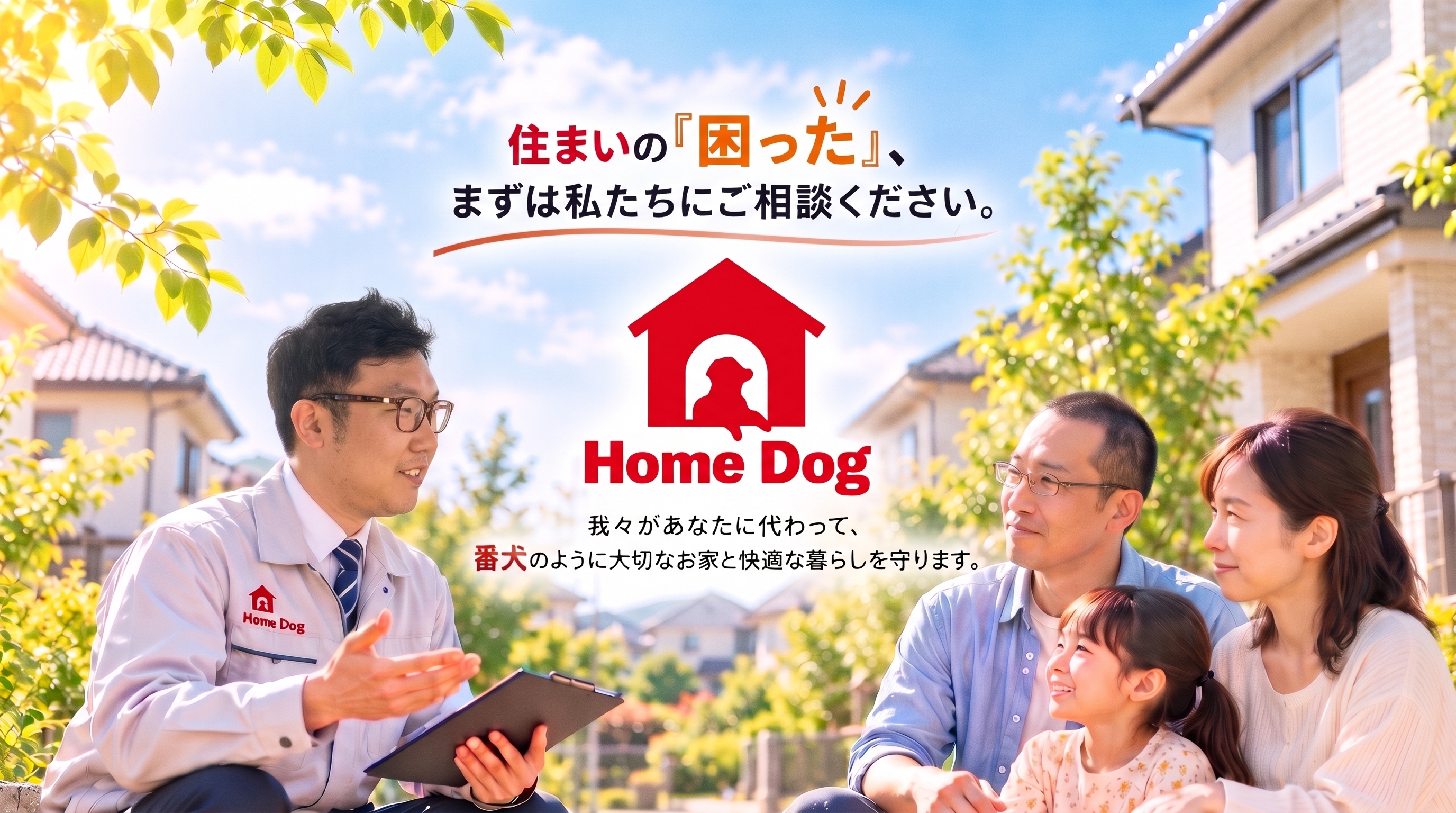 Home Dog。住まいの『困った』、まずは私たちにご相談ください。我々があなたに代わって、番犬のように大切なお家と快適な暮らしを守ります。