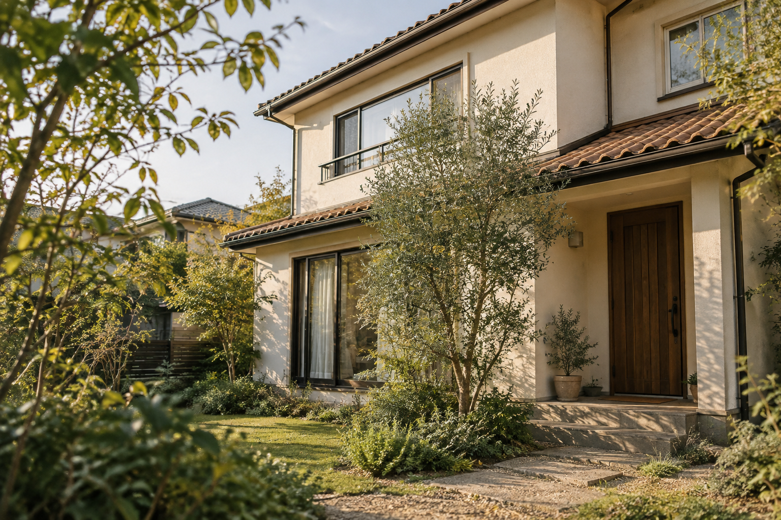 アイボリーの外壁と木の玄関を組み合わせた住まいのイメージ