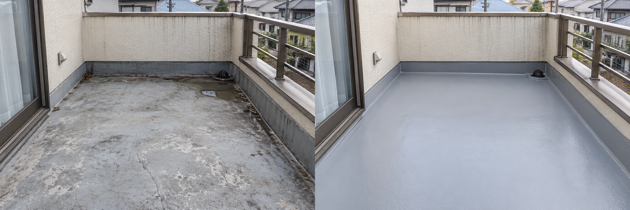 工事前のイメージ：塗膜が傷み、水たまりのあるベランダ
